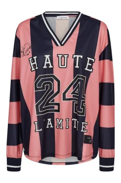 HL24 Stripe Football Blouse Navy/Pink HL10484