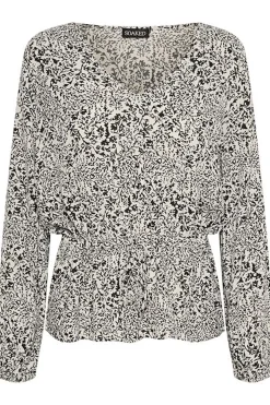 SLZaya Drawstring Blouse Black and White Ditsy Print 30406976